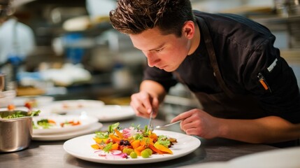 A young chef focuses intently while arranging a vibrant dish with fresh vegetables and garnishes in a bustling restaurant kitchen during the evening.