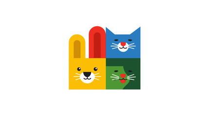Obraz premium Stylized, four-panel composition featuring animal faces in square blocks. Playful color palette