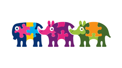 Four colorful, jigsaw-piece-filled animal-shaped figures, arranged horizontally, on a white background