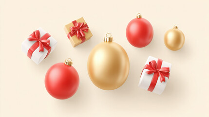 Elegant red and gold Christmas ornaments and wrapped gifts arranged on neutral background conveying festive celebration and warm holiday cheer