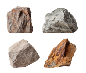 Four rough, natural rocks in various shades of gray, brown, and tan.  Each rock is a distinct shape,  with visible texture