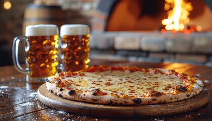 Mesa con pizza y tarros de cerveza