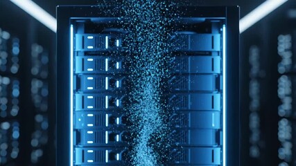 Data server racks with digital particles flowing into them, representing data transfer and information processing in a digital environment - Powered by Adobe