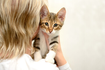 A woman holds a cute little kitten in her arms.