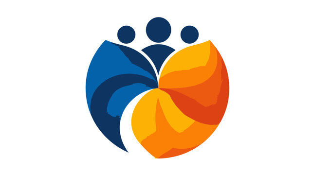 Three abstract figures in a circular embrace, with blue and orange brush strokes