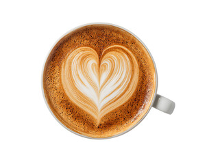 Top view cappuccino with heart latte art isolated on a transparent background