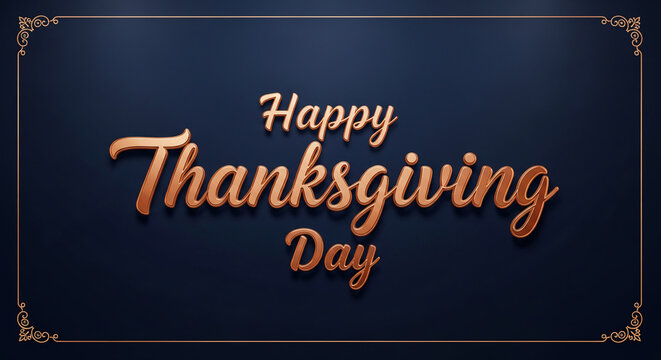 Calligraphic bronze text "Happy Thanksgiving Day" on dark blue background. Ornate gold frame. Festive, celebration, invitation, free space - Powered by Adobe