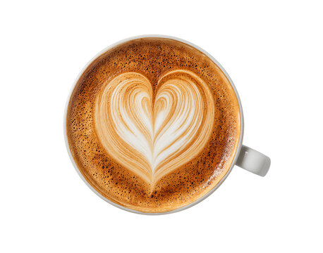 Top view cappuccino with heart latte art isolated on a transparent background