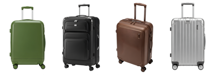 Travel suitcase set PNG. Set of green hardside, black softside, brown hardside and silver luggage, isolated for diverse travel and e-commerce design projects. Travel carryon luggage PNG