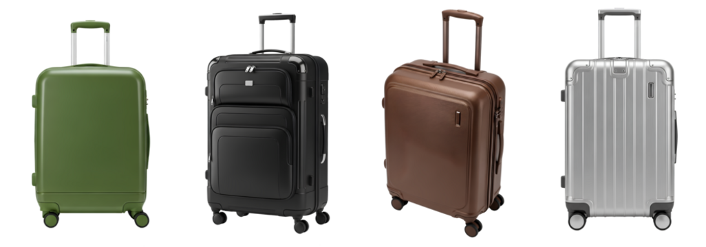 Travel suitcase set PNG. Set of green hardside, black softside, brown hardside and silver luggage, isolated for diverse travel and e-commerce design projects. Travel carryon luggage PNG - Powered by Adobe