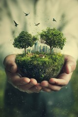 A businessman proudly holds the Earth, symbolizing sustainability and innovation in a modern cityscape.