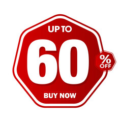 Vibrant red "Up To 60% Off - Buy Now" hexagon sale badge, ideal for e-commerce and retail promotions. Isolated on a transparent png background for easy use.