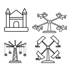 Line art illustration featuring a bouncy castle, airplane ride, swing ride, and a spinning ride, all in a simple, outlined style.