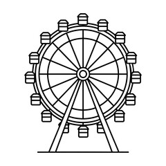 A minimalist line drawing of a Ferris wheel with passenger cars, featuring a symmetrical design on a white background.