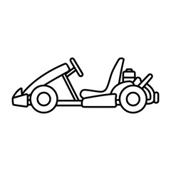 A simple line drawing of a go-kart, depicted in profile, showcasing its steering wheel, seat, and engine.