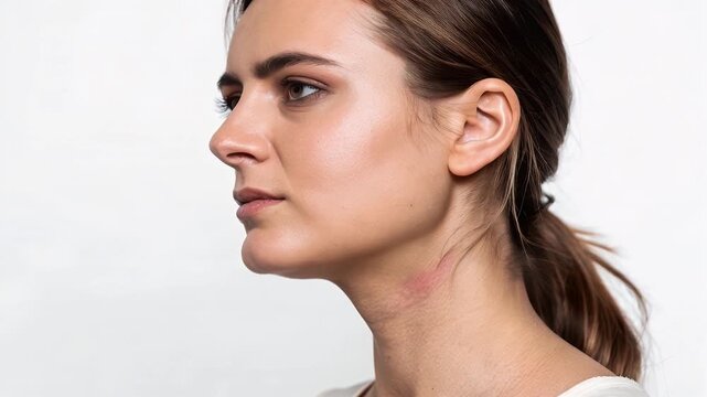 Woman side view profile with neck swelling and skin redness, calm portrait of female adult health concern, thyroid goiter symptom and medical check