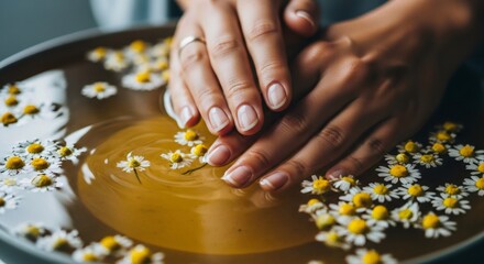 Woman soaking hands in a bowl of warm water with chamomile flowers. Relaxing beauty treatment for nail care and spa therapy at home.