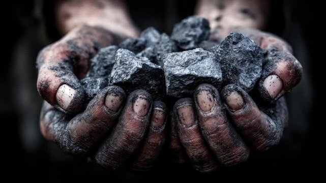 Hands covered in dirt and grime hold rough coal pieces, showcasing the raw material's texture, as the camera slowly zooms in to emphasize the labor involved in mining