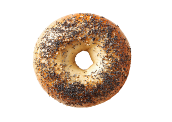 Top-down view of a round bagel, topped with poppy seeds and sesame seeds.  The bagel is light golden brown, and has a visible hole in the center