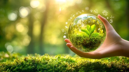Hand holding a glass sphere with a green plant inside and energy icons around it on a blurred background of a natural park. This concept represents environment protection or clean air from carbon