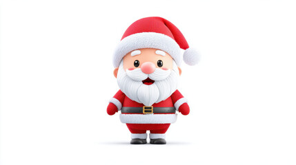 Cute chubby Santa Claus mascot with white beard and red suit standing on white background expressing cheerful holiday joy