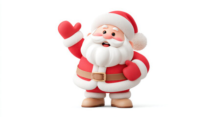 Obraz premium Cute Santa Claus mascot waving in red suit with white beard and mittens, cheerful holiday mood for Christmas greeting card and seasonal decoration