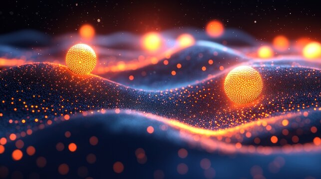 Abstract blue wave surface with glowing orange spheres and bokeh dots