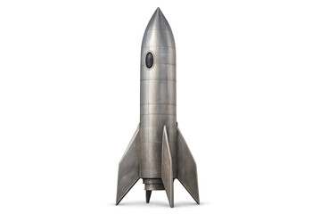 Silver retro spaceship launching to the stars, discovering new frontiers, transparent background