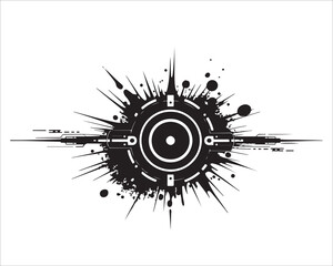 Abstract grunge tech circle symbol with splatter burst and futuristic geometric elements in bold black design representing urban energy and digital style