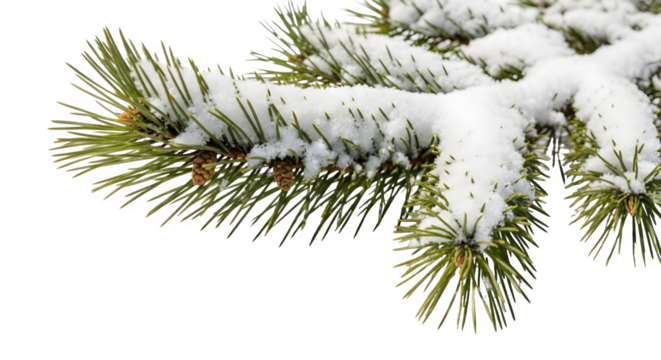 Closeup of a snowcovered pine branch, showcasing the delicate details of the needles and the pristine white snow, isolated on transparent background a serene winter scene evoking the beauty of nature