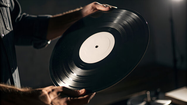 Blank White Vinyl Record Label Mockup Collection, Photorealistic Black Vinyl Disc with Clean Center Label, High-Resolution Record Label Templates for Album Artwork, Logo and Branding Presentation Mock