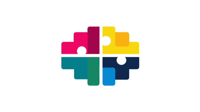 A multicolor abstract symbol of four puzzle-like quadrants on a white background