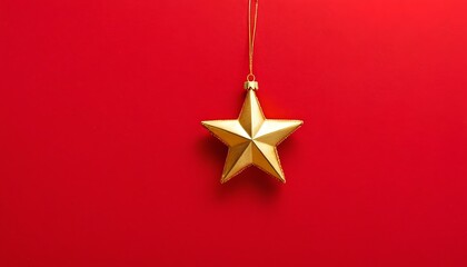 Golden star ornament hangs against a bright red background, capturing a festive spirit in a holiday setting
