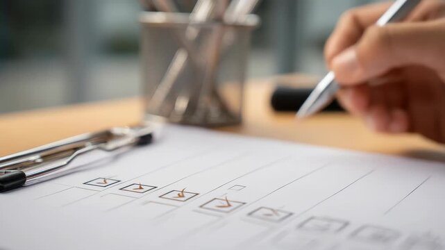Hand holding a pen checks off items on a list, showcasing meticulous attention to detail, camera zooms in on the checklist progression with focus on each tick mark