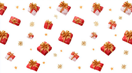 Festive red and white gift box with gold bow, scattered gold stars and snowflake accents on white background conveying joyful holiday celebration