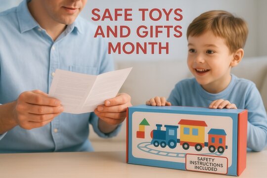 A father reads the safety instructions for a new toy with his excited son. Safe Toys and Gifts Month concept. Responsible parenting and child protection - Powered by Adobe