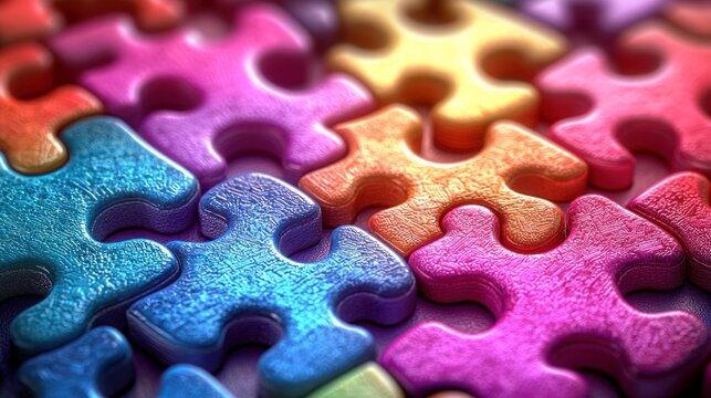 Colorful jigsaw puzzle pieces interlocking, a close-up view with shallow depth of field