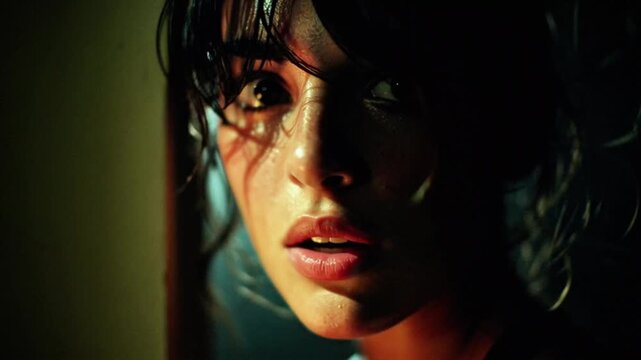 Intense look of a woman with blood on her face in the dark corner