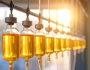 Golden Infusion: A Row of Medical IV Drips with a warm and hopeful light