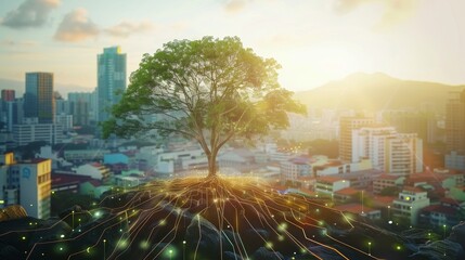 tree with digital roots spreading into a shenzhen city, where professionals use secure devices to access global economic models and green initiatives