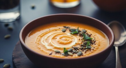 Delicious creamy pumpkin soup in a bowl, garnished with seeds and fresh herbs. Healthy and warm vegan dish for autumn and winter.