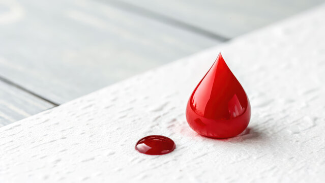 Red blood drop icon, glossy symbol, white paper texture, medical concept, donor awareness, health care, clean design for donor day