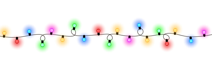 Realistic warm glowing string lights or christmas fairy light overlay with blue green red yellow colorful illumination for wedding festive event celebration and decoration on transparent background