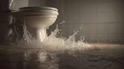 Overflowing toilet emergency with close-up water splash in bathroom