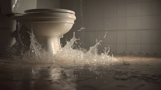Overflowing toilet emergency with close-up water splash in bathroom