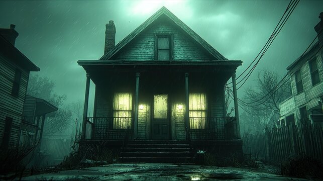Eerie old house at night, illuminated windows, surrounded by wet streets - Powered by Adobe