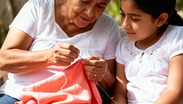 An elderly grandmother teaches her young granddaughter how to sew. Intergenerational family bonding and passing down traditional skills. A senior woman and child share a handmade craft hobby outdoors