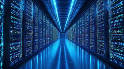 Endless corridor of glowing server racks, reflecting on floor, with bright blue light