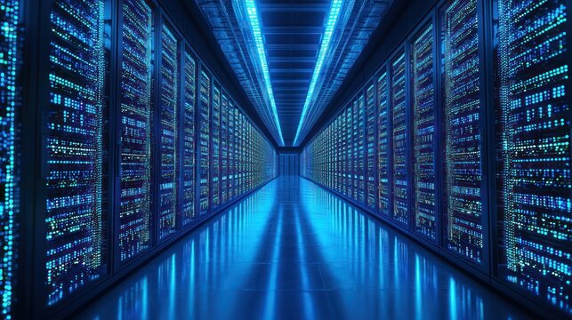 Endless corridor of glowing server racks, reflecting on floor, with bright blue light