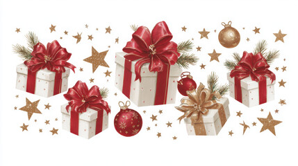 Obraz premium Elegant red and gold Christmas gift boxes with ribbon bow, ornaments, pine sprig and scattered gold stars conveying festive holiday cheer and warmth